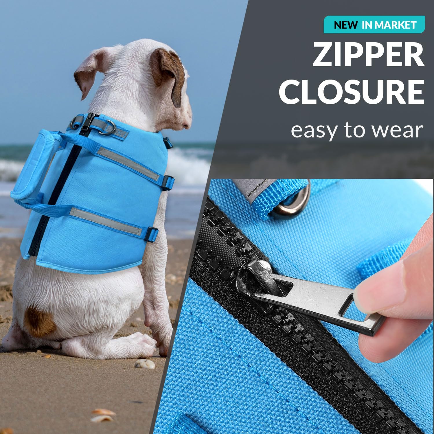 Queenmore Large Dog Swimming Life Jacket With Back Zip, Rescue Handle, Hook (Blue L)